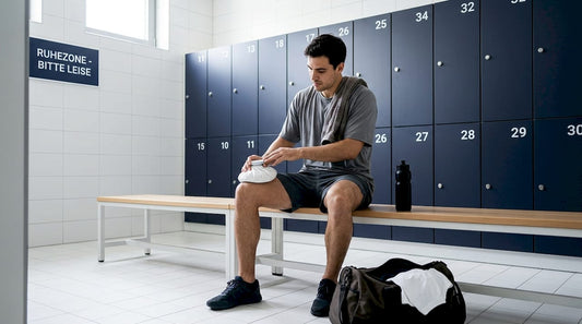 Nach dem Training kühlt sich der Sportler mit einem Eisbeutel, um die Muskeln zu regenerieren.