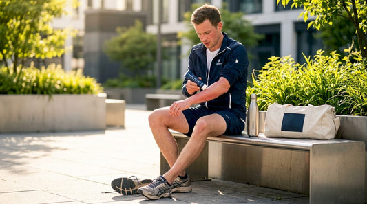 Nach dem Lauf trägt der Sportler eine pflanzliche Creme auf, um die beanspruchten Muskeln zu pflegen.