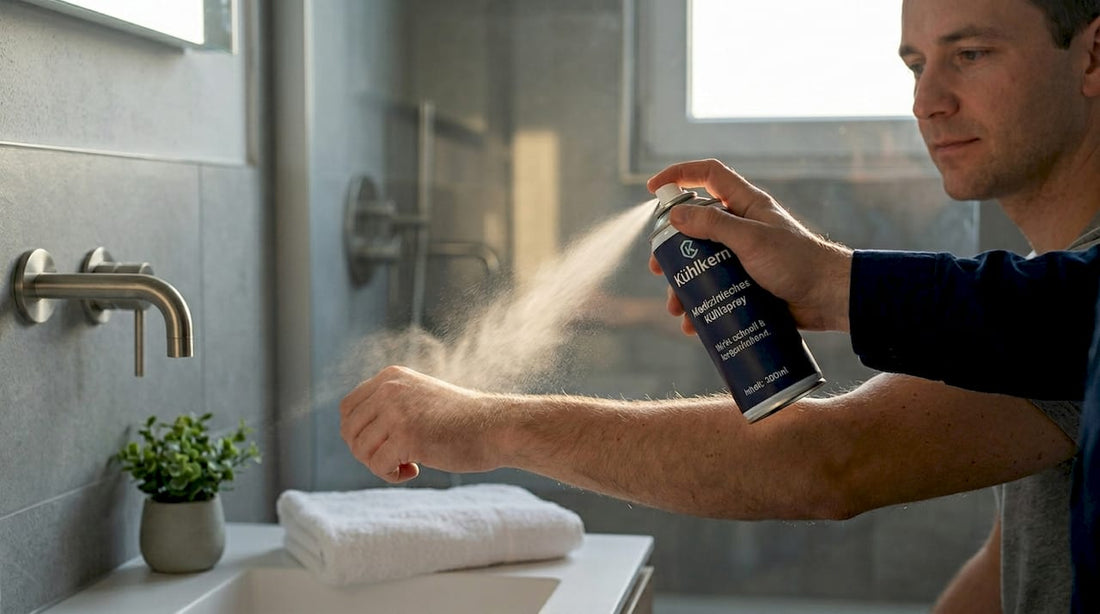 Nahaufnahme eines Arms, der mit Kühlspray behandelt wird