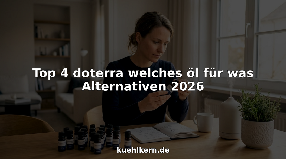 Eine Frau sitzt am Küchentisch und betrachtet verschiedene Fläschchen mit ätherischen Ölen ganz genau.