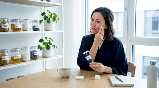 Zu Hause widmet sich eine Frau liebevoll der Pflege ihrer sensiblen Haut.