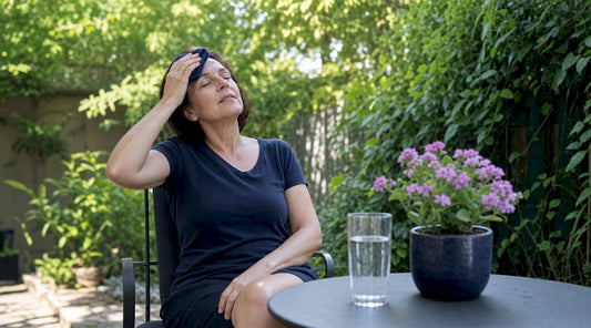 An einem heißen Sommertag legt eine Frau ein kühles, feuchtes Tuch auf ihr Gesicht, um sich zu erfrischen.