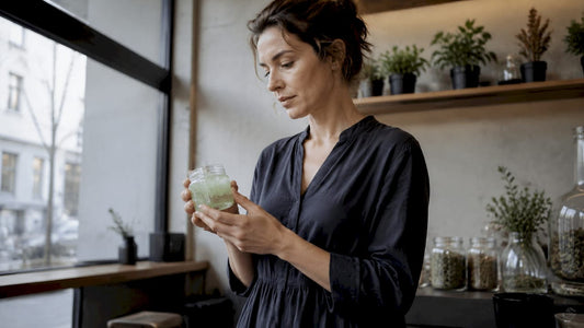 Eine Kräuterexpertin präsentiert ein natürliches Kühlgel in ihrer Apotheke.