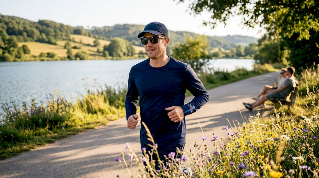 Eine Joggerin trägt beim Laufen im Park spezielle Kleidung mit UV-Schutz, um sich vor der Sonne zu schützen.
