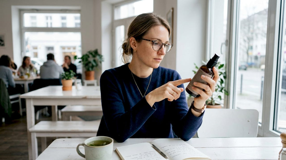 Zu Hause wirft eine Frau einen genauen Blick auf die Inhaltsstoffe ihrer Hautpflegeprodukte.