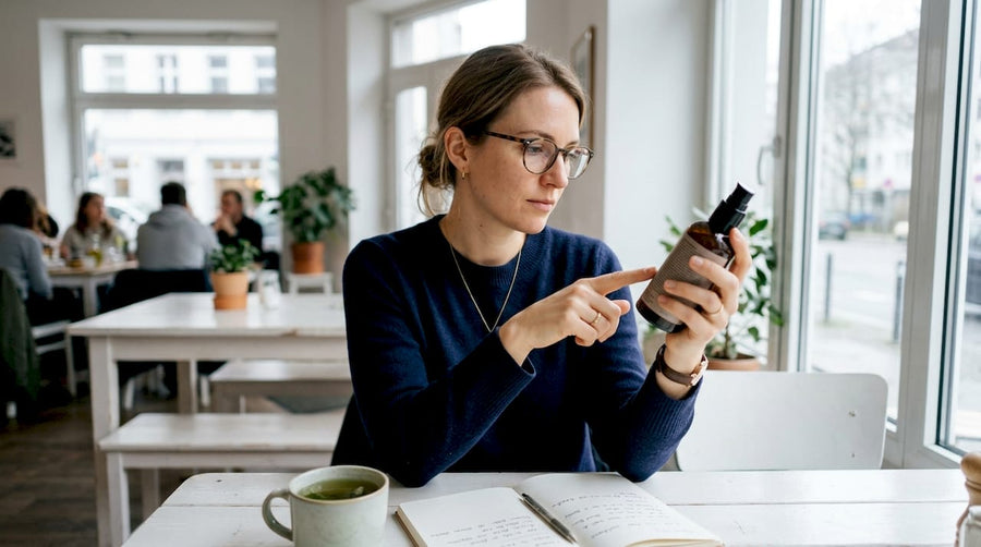 Zu Hause wirft eine Frau einen genauen Blick auf die Inhaltsstoffe ihrer Hautpflegeprodukte.