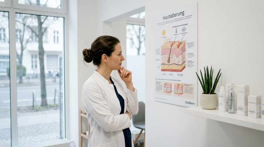 Eine Dermatologin führt im Büro eine Analyse des Hautalterungsprozesses durch.
