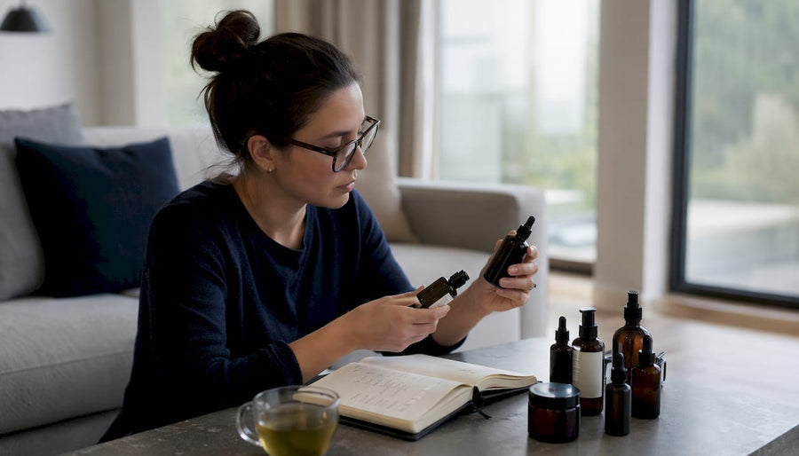 Eine Frau sitzt am Küchentisch und prüft verschiedene Naturkosmetik-Produkte auf ihre Unterschiede.