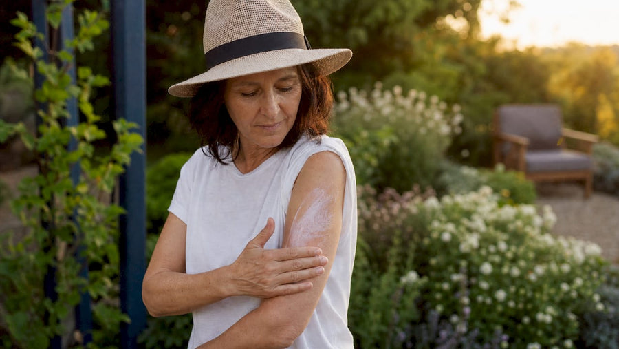 Eine Frau cremt sich im Garten mit Sonnencreme ein.