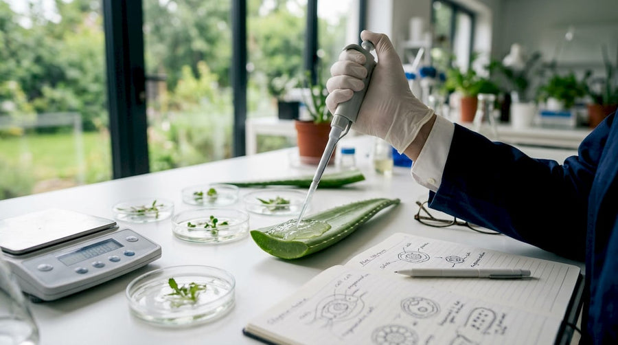 Ein Aloe-Vera-Blatt im Labor, bei dem die einzelnen Gelschichten deutlich zu erkennen sind.